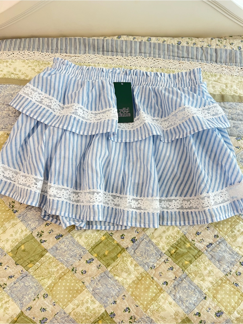 Wild Fable Blue & White Striped Tiered Skirt with Lace Trim and Built In Shorts